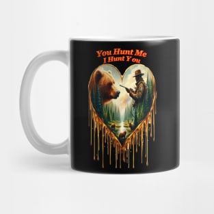 Heart-Shaped Artwork Depicting the Relationship Between Hunter, Bear, and Deer in a Forest Setting Mug